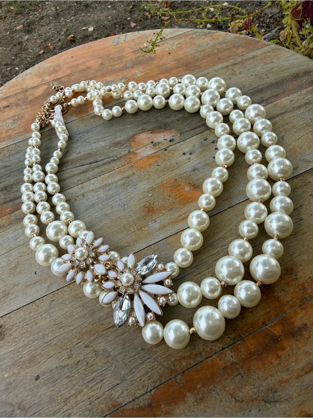 Multi Strand Faux Pearl Statement Necklace | Floral Crystal Brooch Detail - Picture 4 of 4